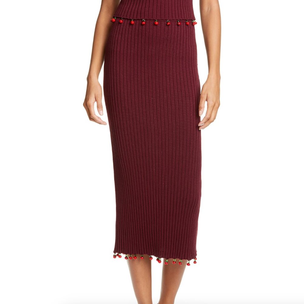 STAUD Costa Knit Rib Midi Beaded Skirt XS